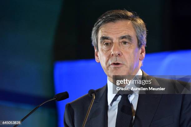 French candidate for the right-wing 'Les Republicains' Party Francois Fillon addresses voters during a political meeting on February 24, 2017 in...