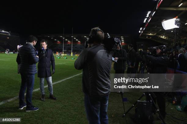 Craig Doyle and Austin Healey of BT Sport during the Aviva Premiership match between Harlequins and Leicester Tigers at Twickenham Stoop on February...