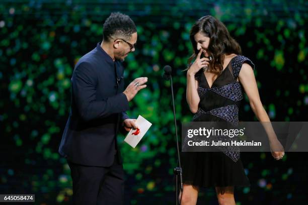 Joey Starr and Anna Mouglalis speak on stage during the Cesar Film Awards Ceremony at Salle Pleyel on February 24, 2017 in Paris, France.