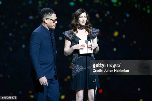 Joey Starr and Anna Mouglalis speak on stage during the Cesar Film Awards Ceremony at Salle Pleyel on February 24, 2017 in Paris, France.