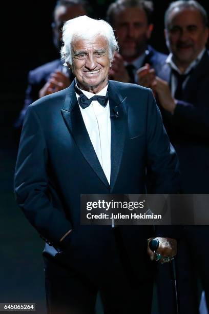 Jean-Paul Belmondo is seen on stage during the Cesar Film Awards Ceremony at Salle Pleyel on February 24, 2017 in Paris, France.
