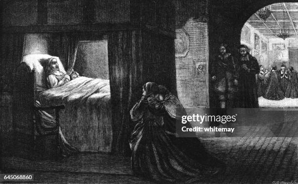 death-bed of oliver cromwell, 3rd september 1658 - four poster bed stock illustrations