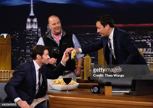 Hugh Jackman, Mario Batali and Jimmy Fallon during a taping of "The Tonight Show Starring Jimmy Fallon" at Rockefeller Center on February 24, 2017 in...