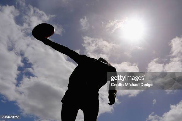 Boundary umpire throws the ball during the round four Women's AFL match between the Melbourne Demons and the Carlton Blues at Casey Fields on...