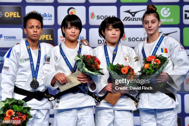 Under 52kg medallists L-R: Silver; Amandine Buchard of France, Gold; Uta Abe of Japan of Japan, Bronzes; Ai Shishime of Japan and Larisa Florian of...