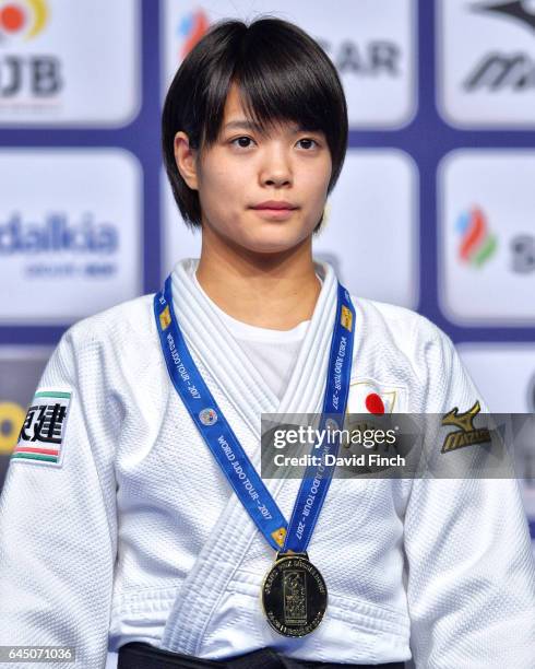 Under 52kg gold medallist, Uta Abe of Japan, who is just 16 years old, during the 2017 Dusseldorf Grand Prix at the Mitsubishi Electric Halle on...