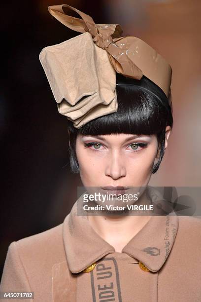 Bella Hadid walks the runway at the Moschino Ready to Wear fashion show during Milan Fashion Week Fall/Winter 2017/18 on February 23, 2017 in Milan,...
