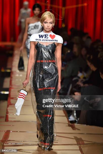 Model walks the runway at the Moschino Ready to Wear fashion show during Milan Fashion Week Fall/Winter 2017/18 on February 23, 2017 in Milan, Italy.