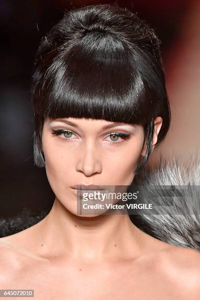 Bella Hadid walks the runway at the Moschino Ready to Wear fashion show during Milan Fashion Week Fall/Winter 2017/18 on February 23, 2017 in Milan,...