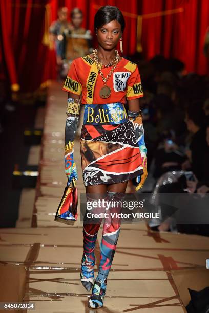 Model walks the runway at the Moschino Ready to Wear fashion show during Milan Fashion Week Fall/Winter 2017/18 on February 23, 2017 in Milan, Italy.