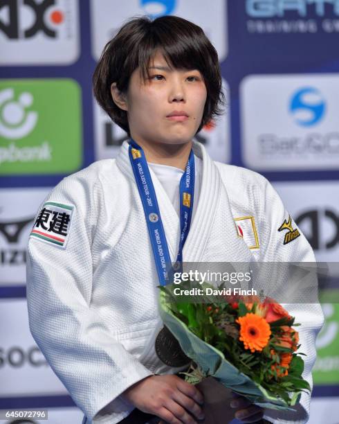 Under 52kg bronze medallist, Ai Shishime of Japan during the 2017 Dusseldorf Grand Prix at the Mitsubishi Electric Halle on February 24, 2017 in...