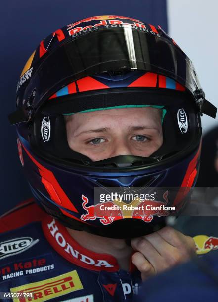 Stefan Bradl of Germany and rider of the Red Bull Honda World Superbike Team Honda looks on during practice for round one of the FIM World Superbike...