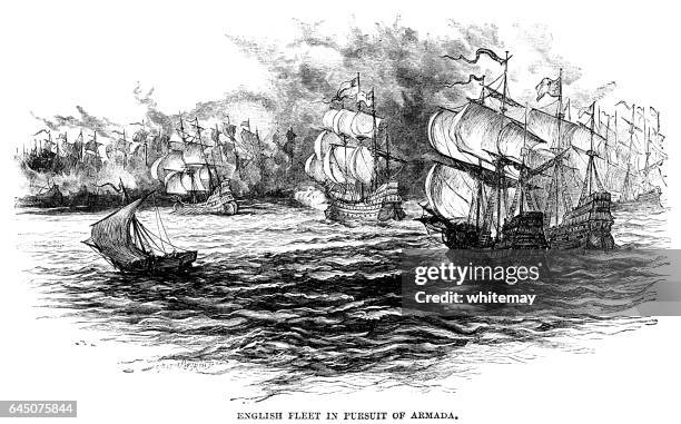 ilustraciones, imágenes clip art, dibujos animados e iconos de stock de flota inglesa en pos de la armada española - spanish culture