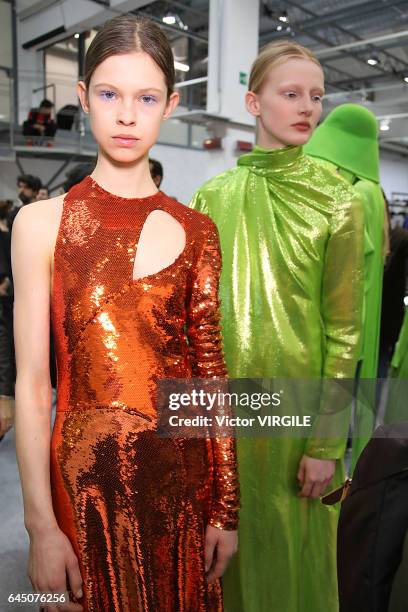 Model backstage at the Emilio Pucci Ready to Wear fashion show during Milan Fashion Week Fall/Winter 2017/18 on February 23, 2017 in Milan, Italy.