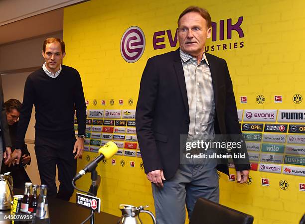 Fussball, Saison 2015/16, 1. Bundesliga, Pressekonferenz, Vorstellung von Thomas Tuchel als neuer Trainer von Borussia Dortmund,Geschaeftsfuehrer...