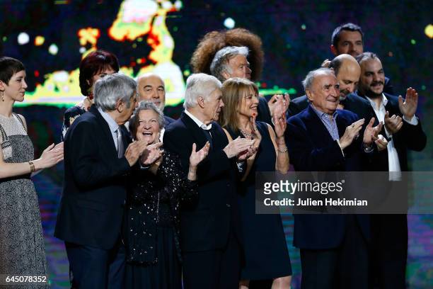 Marthe Villalonga, Gerard Jugnot,Guy Bedos, Franck Dubosc, Claude Brasseur, Cedric Klapisch and Francois-Xavier Demaison are seen on stage during the...