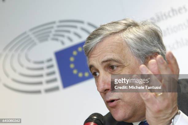 European Parliament president Antonio Tajani speaks during a Press conference in the german representation office of the european union during his...