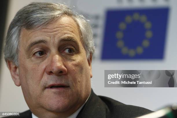 European Parliament president Antonio Tajani speaks during a Press conference in the german representation office of the european union during his...