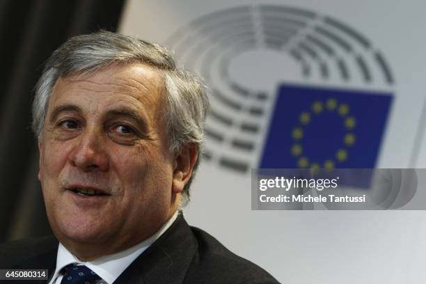 European Parliament president Antonio Tajani speaks during a Press conference in the german representation office of the european union during his...