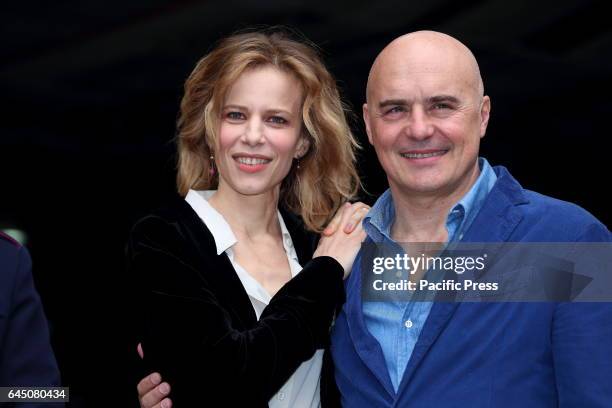 Italian actress Sonia Bergamasco with Luca Zingaretti during photocall to present new episodes of italian fiction Il Commissario Montalbano.