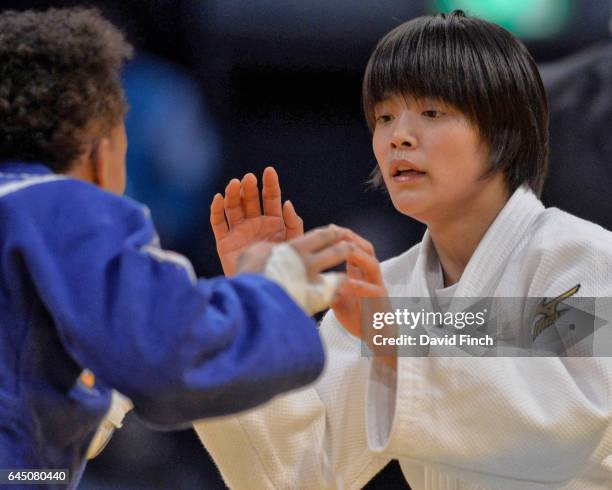 Uta Abe of Japan defeated Amandine Buchard of France by a wazari throw to win the u52kg final and gold medal during the 2017 Dusseldorf Grand Prix at...