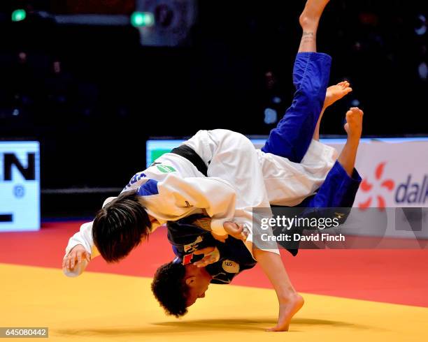 Uta Abe of Japan throws Amandine Buchard of France for a wazari to win the u52kg final and gold medal during the 2017 Dusseldorf Grand Prix at the...