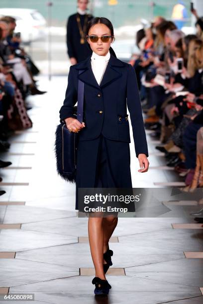 Model walks the runway at the Tory Burch show during the New York Fashion Week February 2017 collections on February 14, 2017 in New York City.