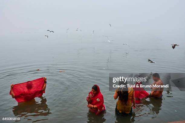 india, varanasi (benares), ghats on the river ganges - bathing ghat fotografías e imágenes de stock
