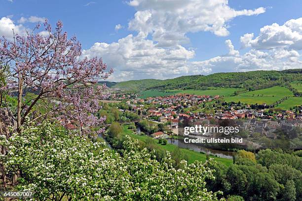 Blick von den Terrassen der Dornburger Schloesser auf den Kalksteinfelsen der Saale auf Dornburg, das weite Saaletal und die bewaldten Hoehen des...