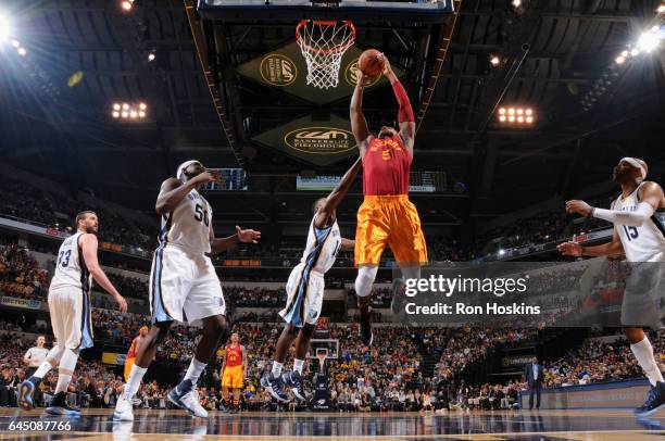 February 24: Lavoy Allen of the Indiana Pacers grabs the rebound against the Memphis Grizzlies on February 24, 2017 at Bankers Life Fieldhouse in...