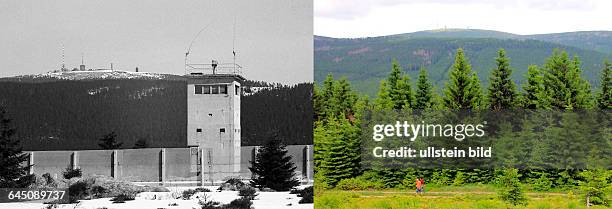 Deutschland Niedersachsen - innerdeutsche Grenze am Wurmberg ; Blick zum Brocken mit Abhoerstation - nachher: 1007270595 rechts: Deutschland,...