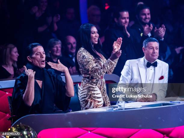 Roche Gonzales, Motsi Mabuse and Joachim Llambi attend the pre-show 'Wer tanzt mit wem? Die grosse Kennenlernshow' for the television competition...