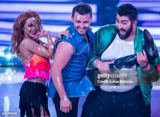 Oana Nechiti , Heinrich Popow and Faisal Kawusi perform on stage during the pre-show 'Wer tanzt mit wem? Die grosse Kennenlernshow' for the...