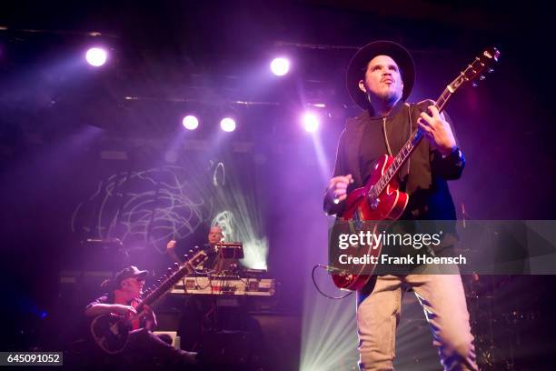 Rob Myers, Eric Hilton and Rob Garza of the American band Thievery Corporation perform live during a concert at the Astra on February 24, 2017 in...