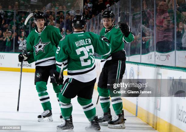 Devin Shore, Jiri Hudler, John Klingberg and the Dallas Stars celebrate a goal against the Arizona Coyotes at the American Airlines Center on...