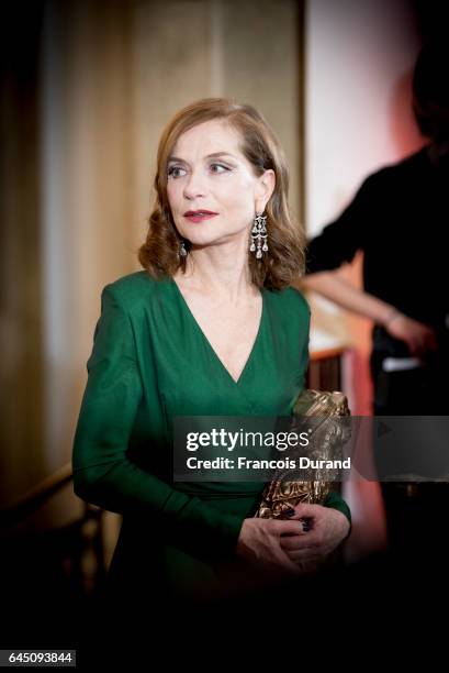French actress Isabelle Huppert with the Cesar award for best actress during the Cesar Film Awards 2017 at Salle Pleyel on February 24, 2017 in...