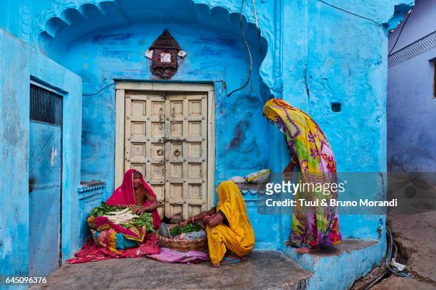 india, rajasthan, jodhpur, the blue city - rajasthani women stock-fotos und bilder