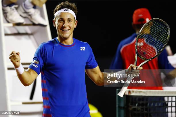 Casper Ruud of Norway celebrates a victory against Thiago Monteiro of Brazil during the quarter finals of the ATP Rio Open 2017 at Jockey Club...