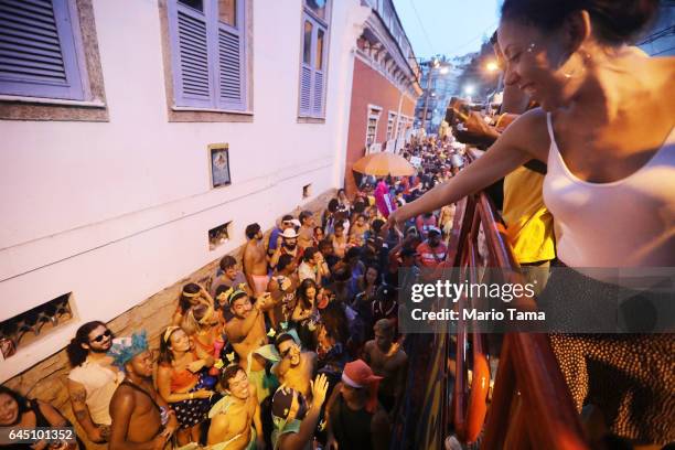 Revelers gather at the Carmelitas 'bloco', or street party, on the first official day of Carnival on February 24, 2017 in Rio de Janeiro, Brazil. Up...