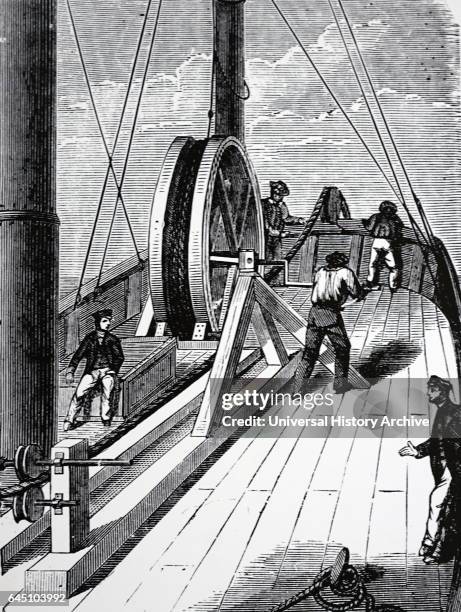 Laying out the cable from the Blazer for the successful Dover to Calais telegraph cable. Dated Christmas Day 1851.