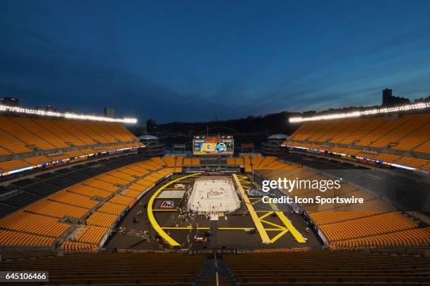 Philadelphia Flyers warm-up on the day before they face the Pittsburgh Penguins in the 2017 Coors Light Stadium Series at Heinz Field in Pittsburgh,...