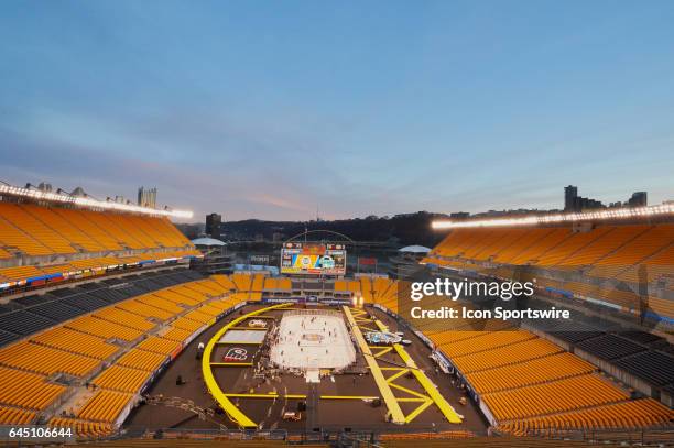 Philadelphia Flyers warm-up on the day before they face the Pittsburgh Penguins in the 2017 Coors Light Stadium Series at Heinz Field in Pittsburgh,...