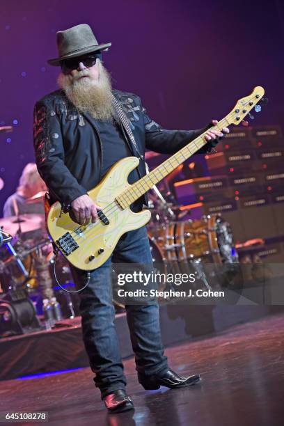 Dusty Hill of ZZ Top performs at the Louisville Palace on February 24, 2017 in Louisville, Kentucky.