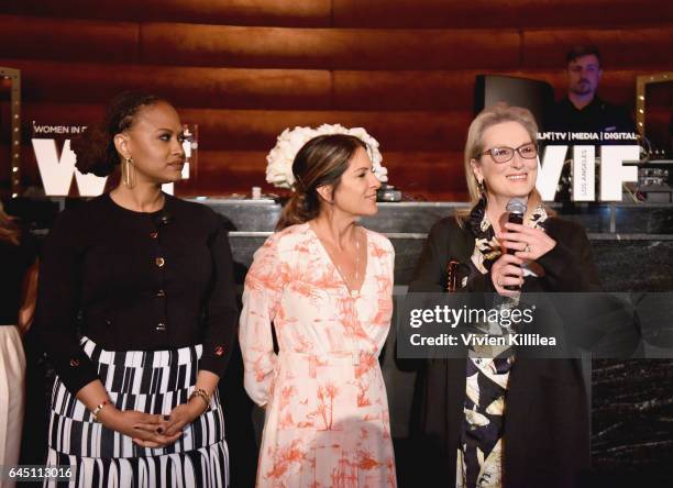 Director Ava Duvernay, President of Women In Film Cathy Schulman and actor Meryl Streep speak onstage during the tenth annual Women in Film Pre-Oscar...