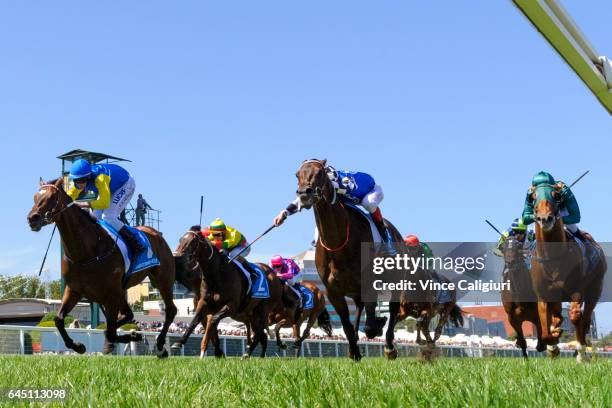 Brad Rawiller riding Black Heart Bart defeats Craig Williams riding Tosen Stardom in Race 5, Futurity Stakes during Melbourne Racing at Caulfield...