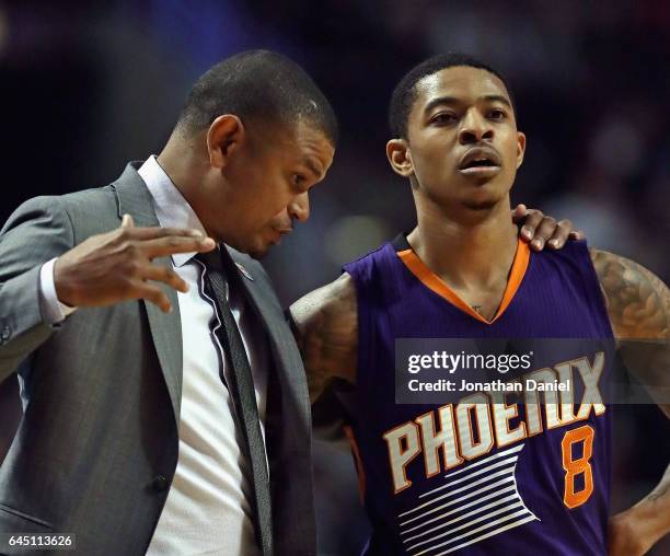 Head coach Earl Watson of the Phoenix Suns gives instructions to Tyler Ulis during a ganme against the Chicago Bulls at the United Center on February...