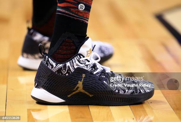 The shoes worn by James Young of the Boston Celtics during the second half of an NBA game against the Toronto Raptors at Air Canada Centre on...
