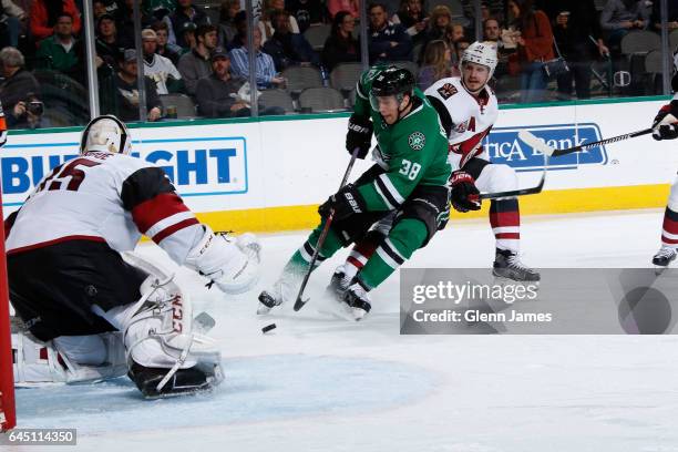 Lauri Korpikoski of the Dallas Stars handles the puck against the Arizona Coyotes at the American Airlines Center on February 24, 2017 in Dallas,...