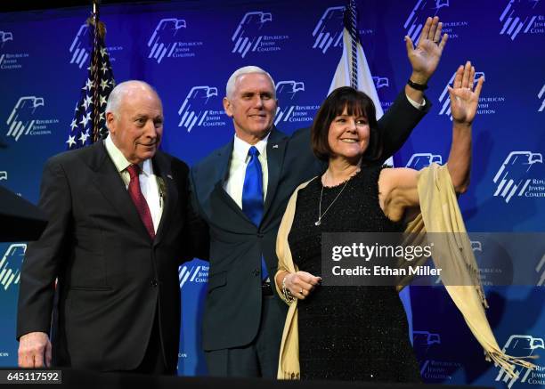 Former U.S. Vice President Dick Cheney introduces U.S. Vice President Mike Pence and his wife Karen Pence at the Republican Jewish Coalition's annual...