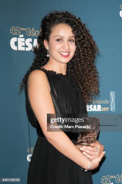 Actress Oulaya Amamra poses with her award at the Cesar Film Awards 2016 at Salle Pleyel on February 24, 2017 in Paris, France.